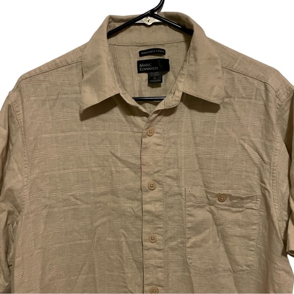 Marc Edwards Washable Linen Tan Short Sleeve Button Down Shirt Size Large - Picture 2 of 5